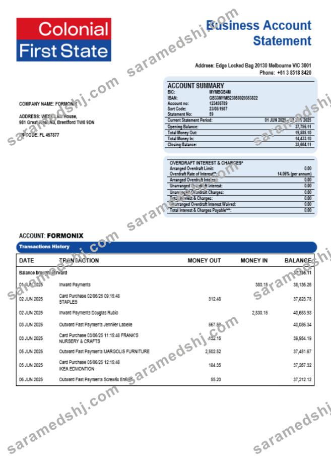 Colonial First State company checking account statement Word and PDF format